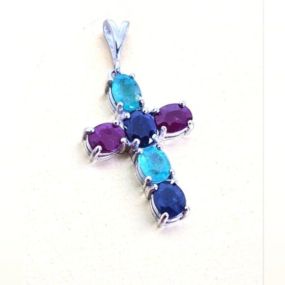 925 Sterling Silver Cross Pendant 1.5x2cm with Natural Sapphire, Emerald, Ruby - Picture 3 of 6